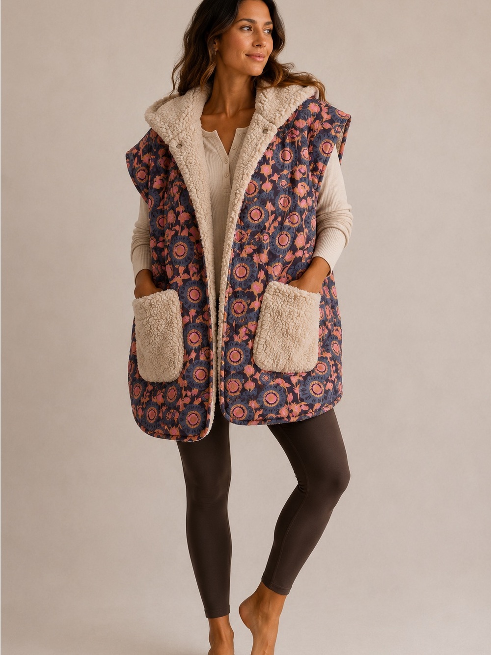 Natural Life DALIA Floral Sherpa-Lined Hooded Vest L/XL – Oversized Boho